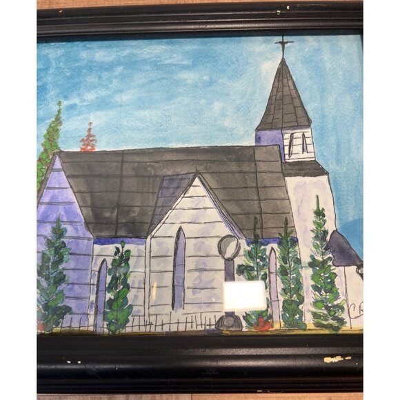 Hand-Painted Church Landscape Watercolor Art In Black Wood Frame - Picture 2 of 2